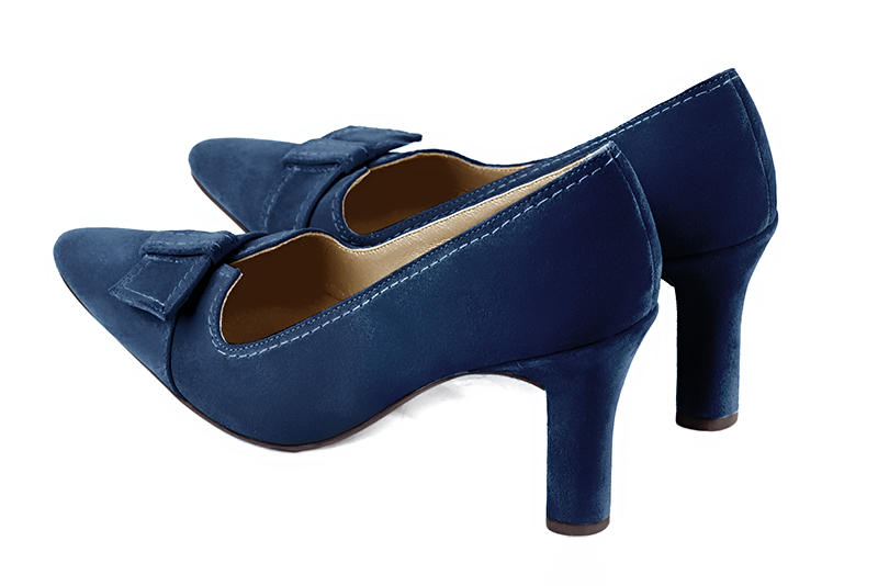 Navy blue women's dress pumps, with a knot on the front. Tapered toe. High kitten heels. Rear view - Florence KOOIJMAN